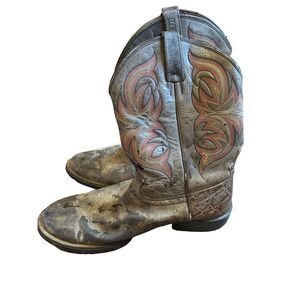 Justin Boots Mens western cowboy embroidered leather boots worn in sz 10.5 style